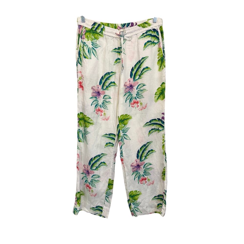 Tommy Bahama Linen Pants M White Green Floral Vacation Boho Summer Beach Resort
